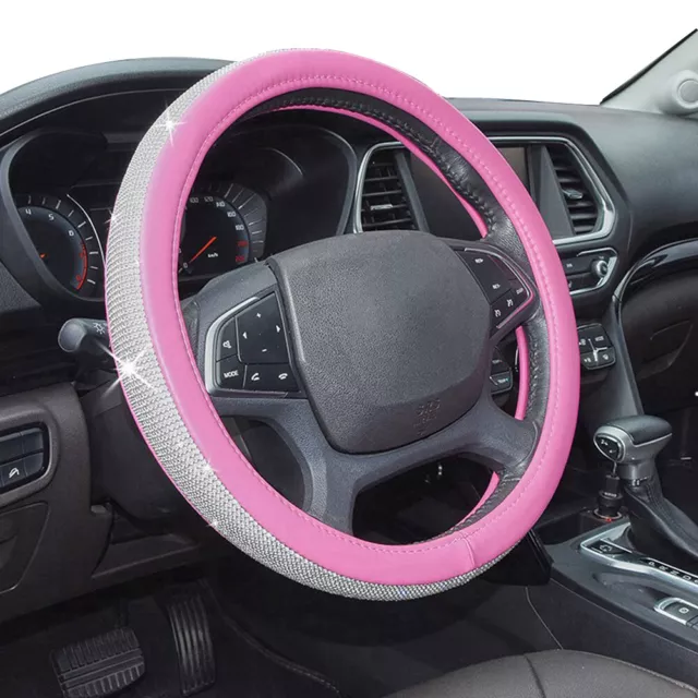 38CM Bling Full Crystal Pinky PU Leather Car & Truck Steering Wheel Cover Pink
