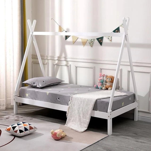 HARRY KIDS WOODEN Teepee Tent Single Bed Frame - White / Grey - Trundle ...