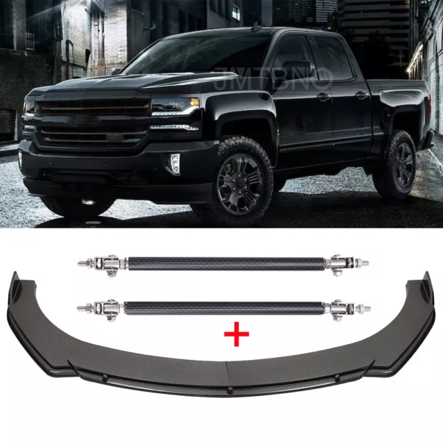 For Chevy Silverado 1500 Carbon Front Bumper Lip Splitter Body Kit + Strut Rods