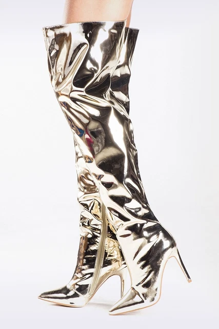 BOTTES PU VINYLE PVC neuf dans leur boîte 4 37 OR MIROIR MÉTAL SUR LE GENOU OTK CUISSE