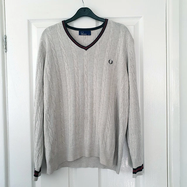 FRED PERRY CABLE Knit Mens V Neck Jumper Sweater Size M K7250