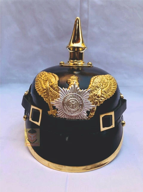 Casque Pickelhaube Prussien WW1 - Reproduction En Acier, Laiton Et Cuir - Taille ~68,5 Cm - Objet De Collection