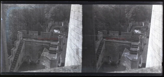 Château Contre-Plongée c1930 Photo NEGATIVE Plaque de verre Vintage Stereo