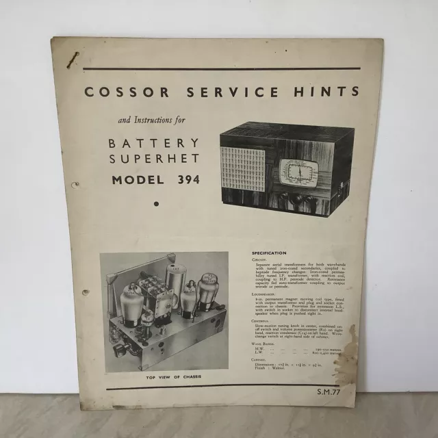 Cossor Battery Superhet Radio Model 394 Original Service Hints And Instructions
