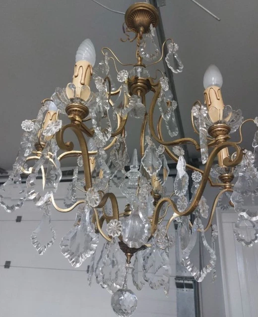 Grand Lustre à Pampilles 12 Branches : Cristal Et Laiton, H120cm D60cm