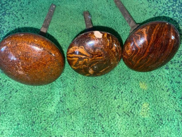 3 Vintage Bennington Pottery Brown Swirl Door Knobs With Rods