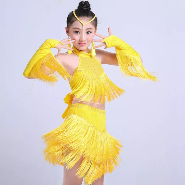 2 Pcs Girls Sequins Latin Dancewear Tassel Skirt Suit Performance Dance Costume