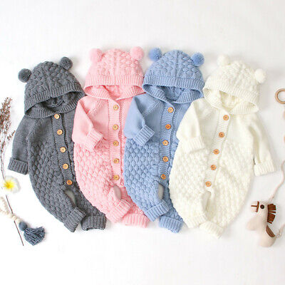 Newborn Baby Boy Girl Romper Jumpsuit Outfit Knitted Hooded Sweater Cute Clothes