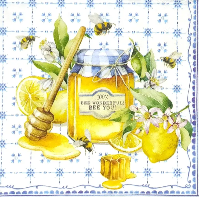 T342# 3 servilletas de papel individuales para tarro de miel de abeja decoupage con rodajas de limón