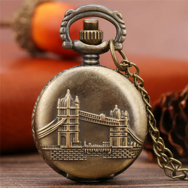 Quartz Pocket Watch Gift Men London Tower Case Engraved Vintage Pendant Chain