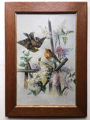 Early 20th Century French Art Deco Birds Tree Pinch signed Antique oil painting