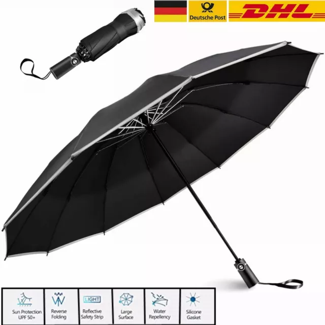 Regenschirm Schwarz Auf-Zu Automatik Stabil Sturmsicher Windfest Herren Damen DE