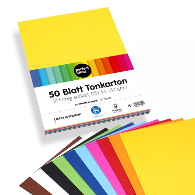 perfect ideaz 50 Blatt DIn A4 Tonkarton 10 Farben 210g bunt Papier Bastelpappe