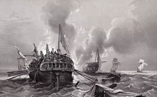 Waffen, Seekrieg - Ein Seegefecht - Stich, Stahlstich von Payne um 1845 2