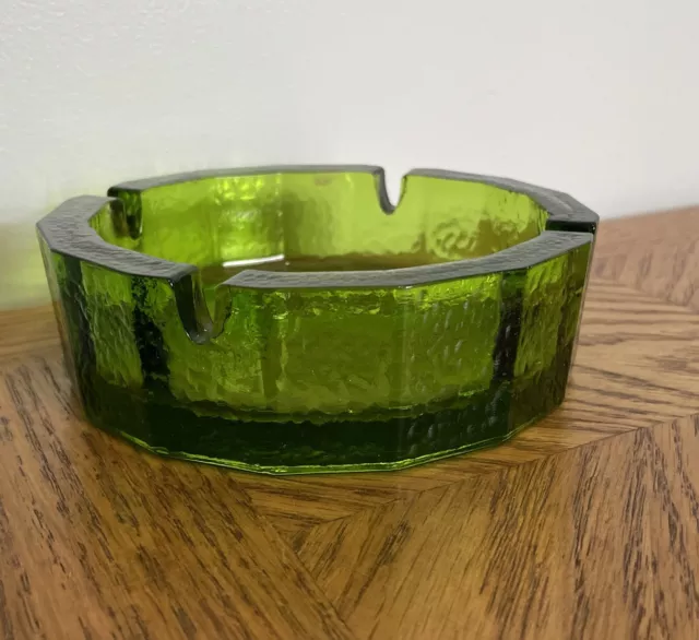 Vintage Green Lime Blenko Textures Glass Ashtray 6" - MCM