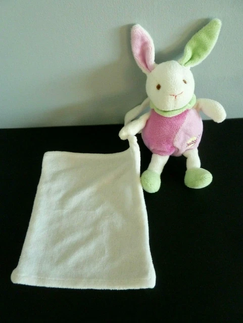 M1 - DOUDOU PELUCHE BABY NAT  babynat' LAPIN ROSE VERT MOUCHOIR BLANC 14c TTBE