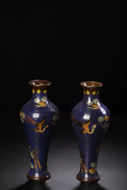 A Pair Chinese Pure Copper Cloisonne Cloud Crane Pattern Exquisite Vases 9358