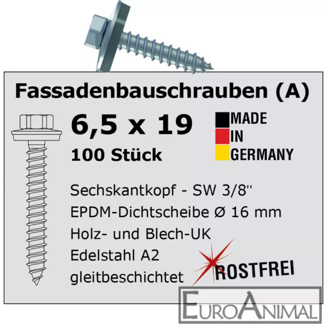 Schrauben für Trapezblech V2A 6,5x19 E16 Fassadenbauschrauben Edelstahl VA