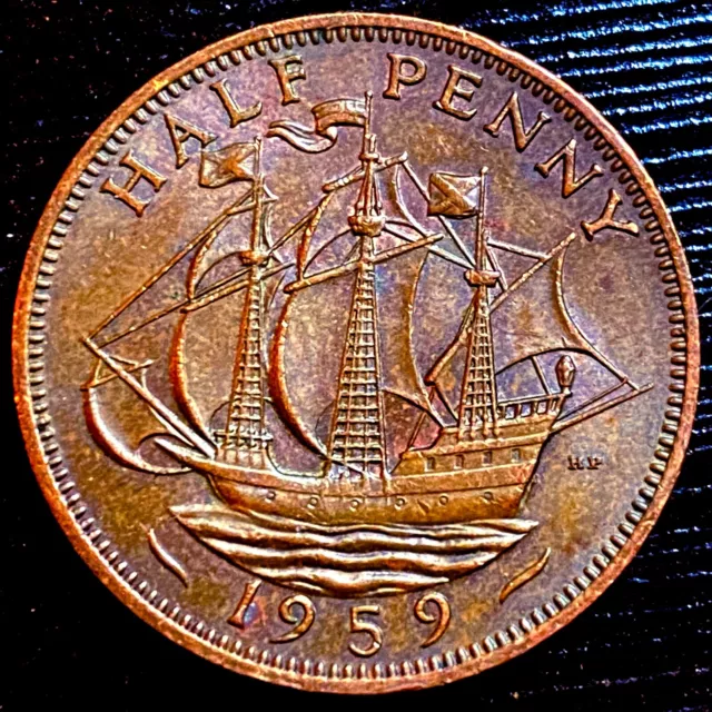 1959 Great Britain Bronze Half Penny KM896 Warship Coin - Beautiful Toning