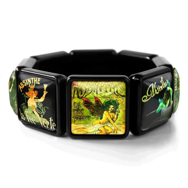 Absinthe Fairy Gothic Victorian Art Nouveau Glass Black Bangle Charm Bracelet
