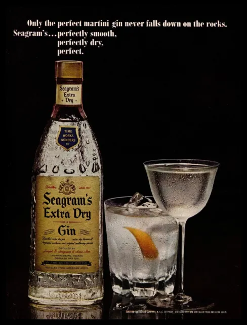 1965 Seagram's Extra Dry Gin Martini "Never Falls Down On The Rocks" Print Ad
