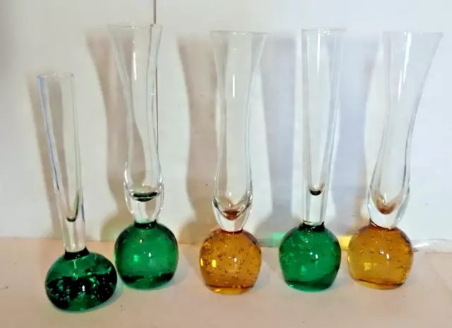 Collection Of 5 Mixed Controlled Bubble Glass Bud Vases Assorted Colours /Sizes