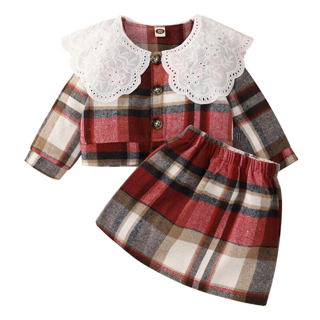 Set abiti a scacchi per bambine maniche lunghe top gonna abiti 0-6T