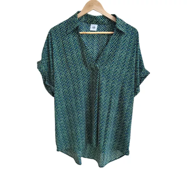 CAbi 6307 Blue Green Print Replay Top Womens Size L Collared Short Sleeve