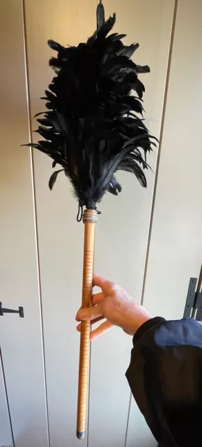 VTG FRENCH MAID REAL BLACK FEATHER DUSTER Wood Handle Victorian Style 30"