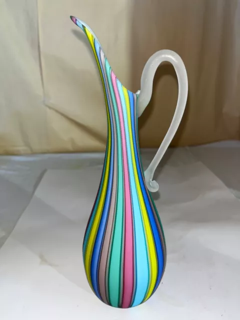 Fratelli Toso Rainbow Satin Glass Ewer-Murano-Mid Century Modern-Multicolor Band