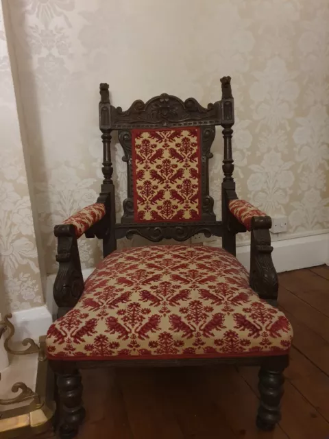 Beautiful Heavily Carved Antique Chair - Dragons - Upholstered in Red 3