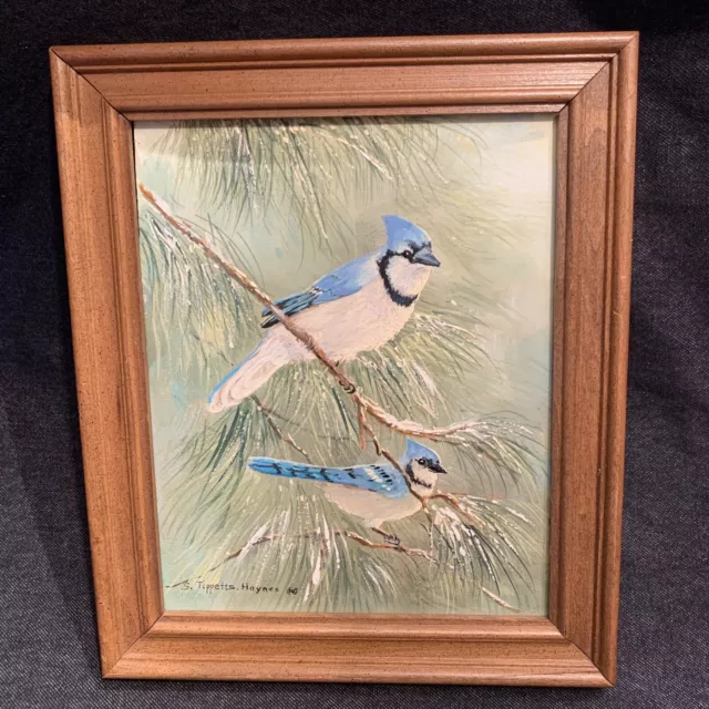 Signed Tippetts Haynes Original Oil Art Painting Blue Jay Bird Pair Winter Pine