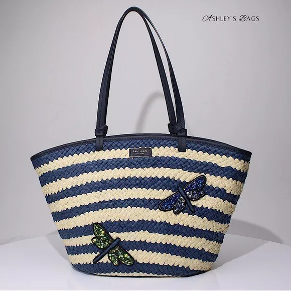 Kate Spade Shore Thing Embellished Striped Straw Large Tote