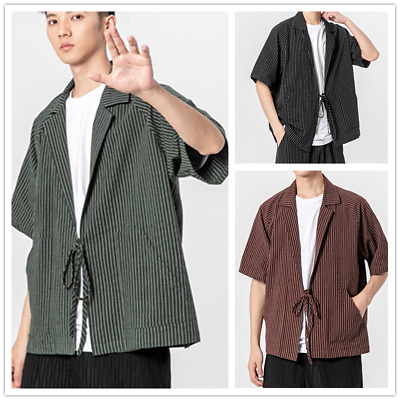 Men Japanese Kimono Jacket Striped Coat Yukata Haori Retro Short Sleeve Casual