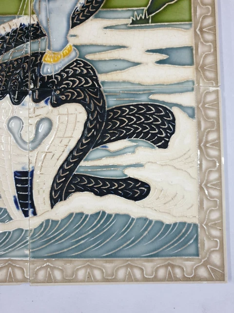 6pc panel x Vintage Majolica Tile KRISHNA DANCING ON SNAKE HEAD Japan 8