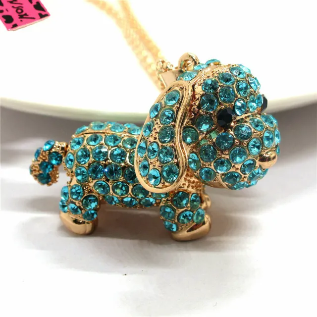 Fashion Women Blue Cute 3D Dog Puppy Crystal Pendant Sweater Jewelry Necklace