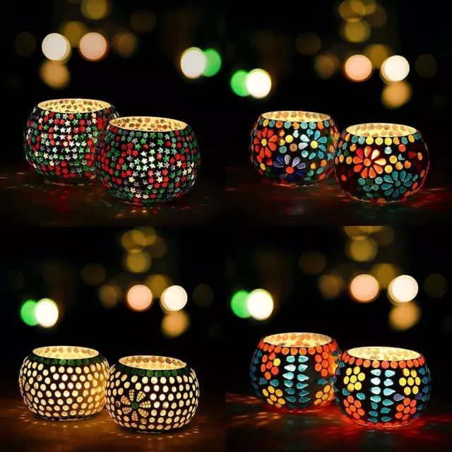 Set mit 4 Mosaik-Glas-Teelicht-Votiv-Diwali-Kerzenhaltern mit Teelichtkerze