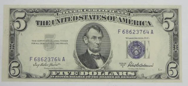 Series 1953-A $5 Blue Seal Silver Certificate Note Nice CRISP UNC Fr#1656 3