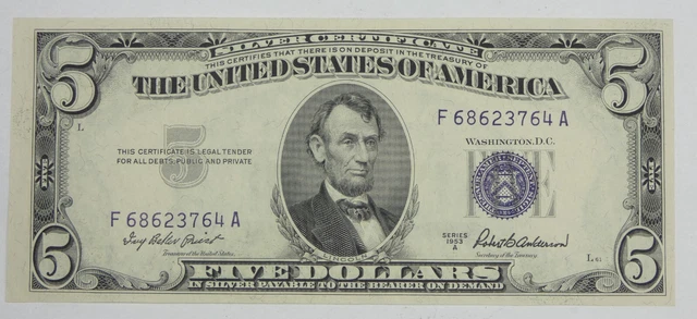 Series 1953-A $5 Blue Seal Silver Certificate Note Nice CRISP UNC Fr#1656 3