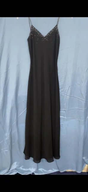 Dave and Johnny bedazzed backless long black dress. Diamond spaghetti straps.