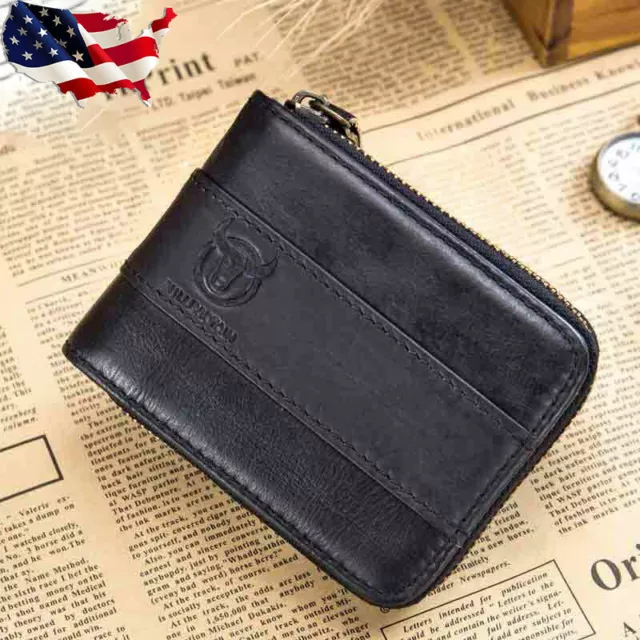 RFID BULLCAPTAIN Mens Real Leather Zipper Around Card Slots Coin Wallet Purse US