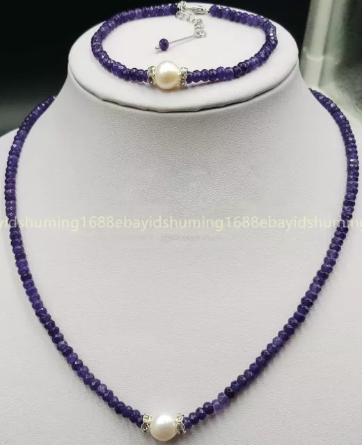 Natürliche 2x4mm Facettiert Lila Amethyst & 9-10mm Perle Halskette Armband Set 2