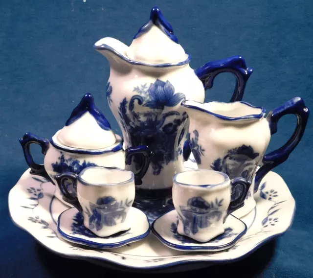 Vintage Miniature Blue & White Porcelain Tea Set, 10 Piece Rose Full Tea Service