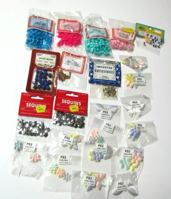 Mixed Lot Craft Supplies Beads Sequins Rhinestones Pastel Flowers Butterflies