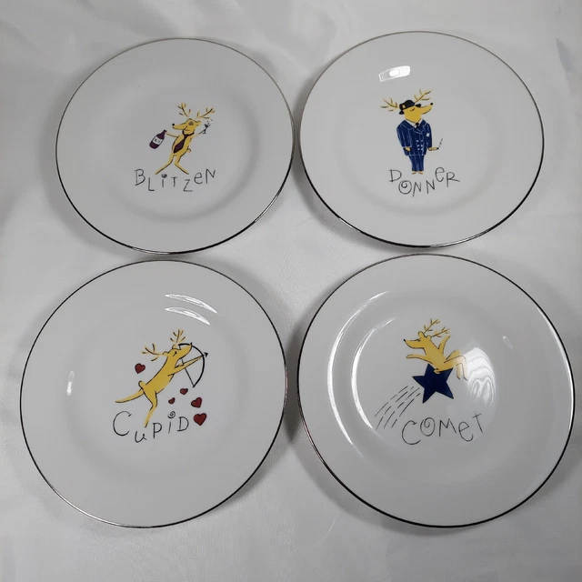 4 Pottery Barn Christmas Reindeer Dessert 8.5" Plates Comet Cupid Donner Blitzen
