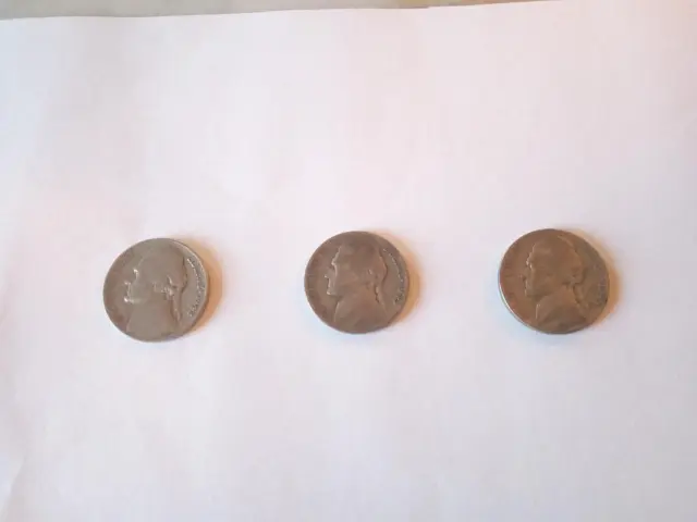 Lot of (3) Jefferson War Nickels 35% Silver 1942 No Mint Mark, (2) 1943 P !!!!