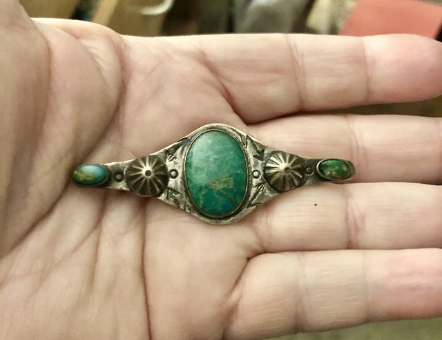 Vintage Native American Turquoise Silver Bar Pin Stamped Lightning Bolt