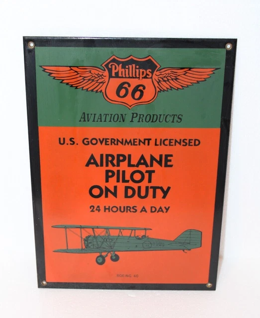 Phillips 66 Boeing 40 Airplane Pilot on Duty Porcelain Sign - 14 x 10
