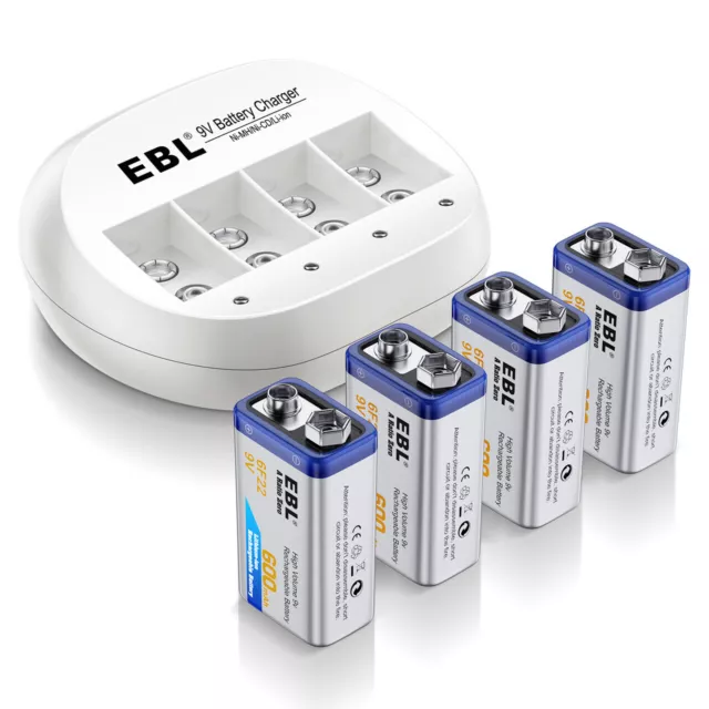EBL 9V High Volume 600mAh Li-ion Rechargeable 6F22 Batteries with Charger