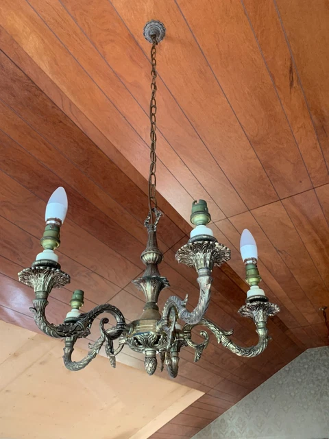 Vintage retro 1970s Ornate Brass? Chandelier ceiling light, chain etc